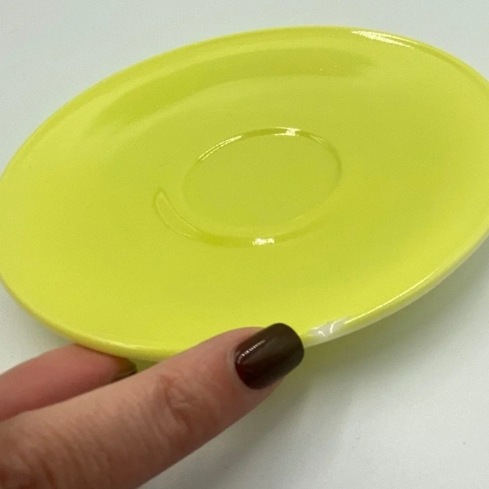Hazel Atlas Ovide Platonite Neon Yellow Tea Cup + Saucer Set w‎ Plates Set of 6
